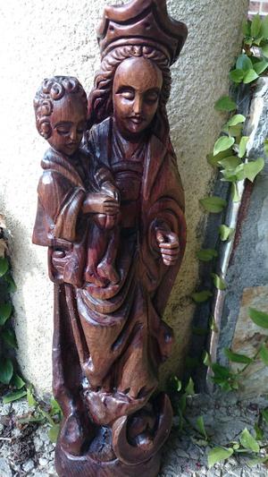antigua talla de virgen con niño, restaurada 30x 12 cm.