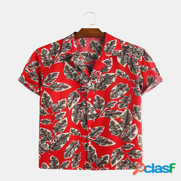 Summer Mens 100% Cotton Leaves Printing Camisetas casuales