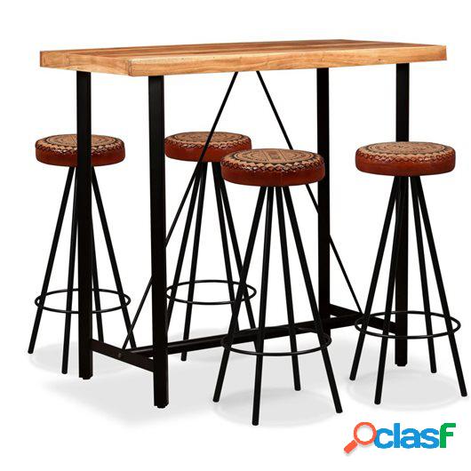 Mesa y 4 taburetes bar madera maciza sheesham cuero real y