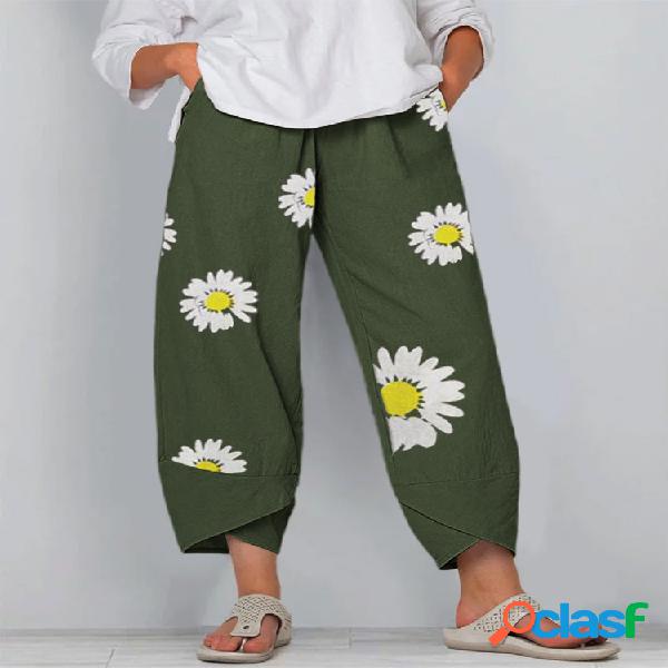Daisy Floral Impreso Cintura Elástica Pantalones Para Mujer