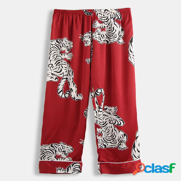 Hombres Faux Silk Soft Pijamas Pantalones Tiger Print