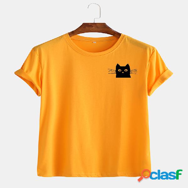 Mens Simple Cartoon Gato Graphic Casual Cotton Camiseta de