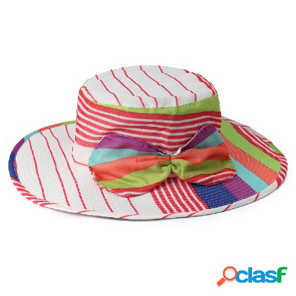 Mujer Bow Stripe Sunscreen Bucket Sombrero al aire libre