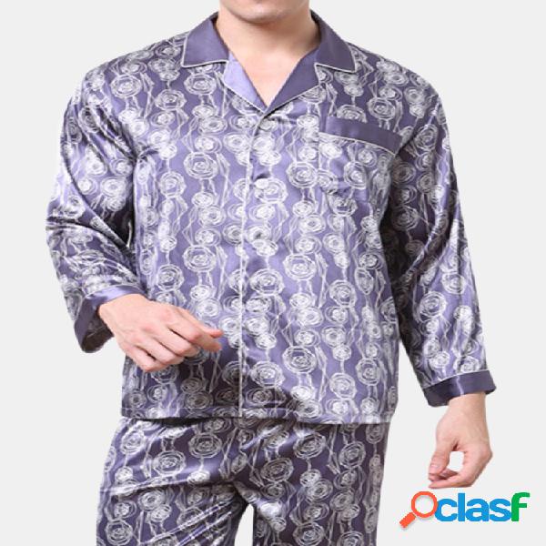 Soft Faux Silk Printing Home Conjunto de pijama suelto de