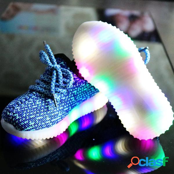 Zapatos de malla unisex para niños luz LED con cordones