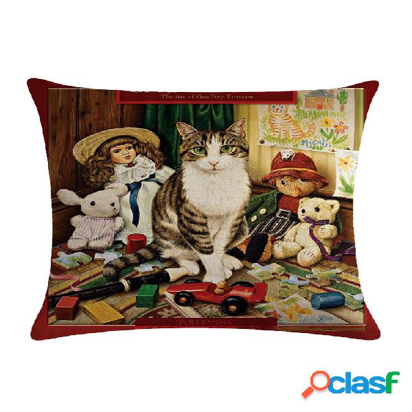 1 pieza lindo Gato impreso Gato funda de cojín de lino de