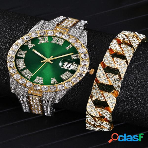 2 piezas / set aleación diamante hombres negocios Reloj
