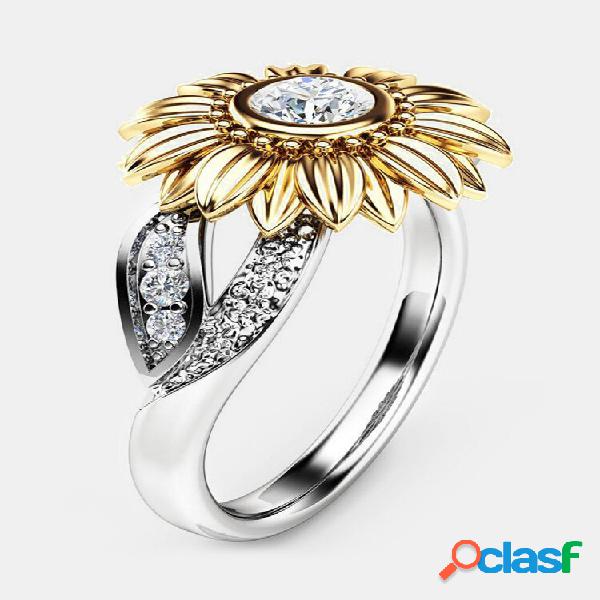 Anillo elegante con girasol dorado y circones