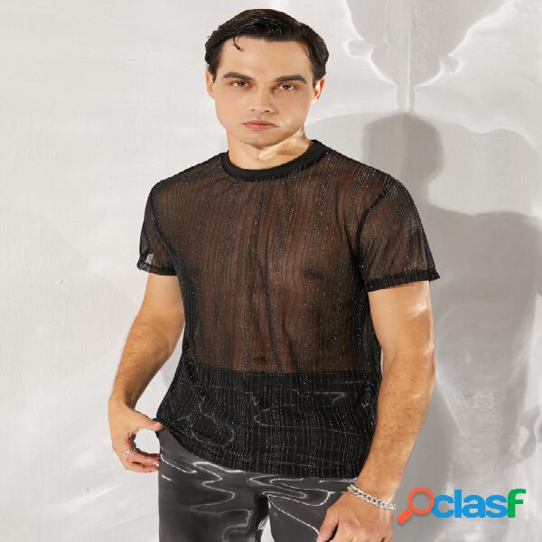 Camiseta transparente de malla a rayas para hombre