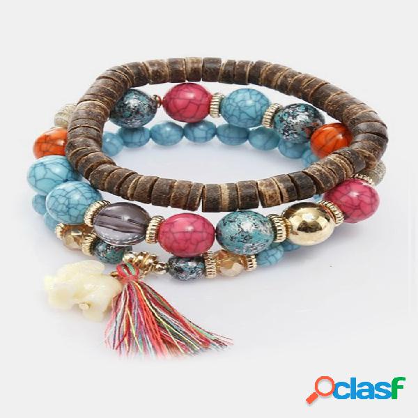 Pulsera de borlas de madera multicapa bohemia Pulsera con