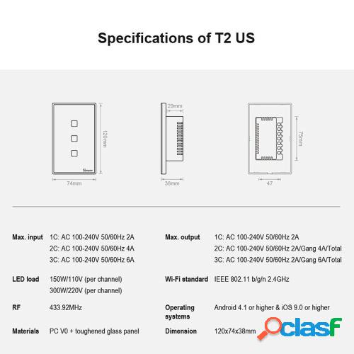 SONOFF T2US2C-TX Interruptor de luz de pared WiFi