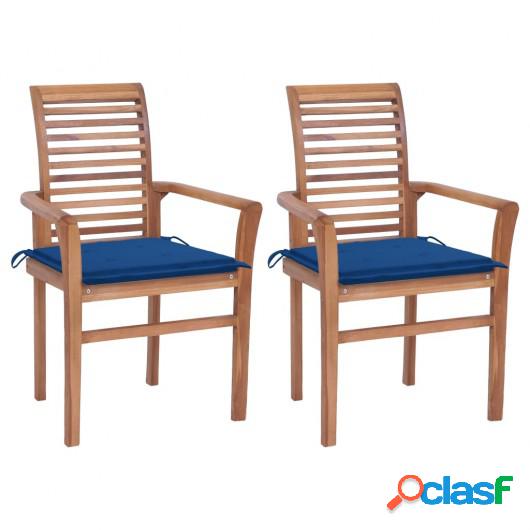 Sillas de comedor 2 uds madera maciza teca y cojines azul
