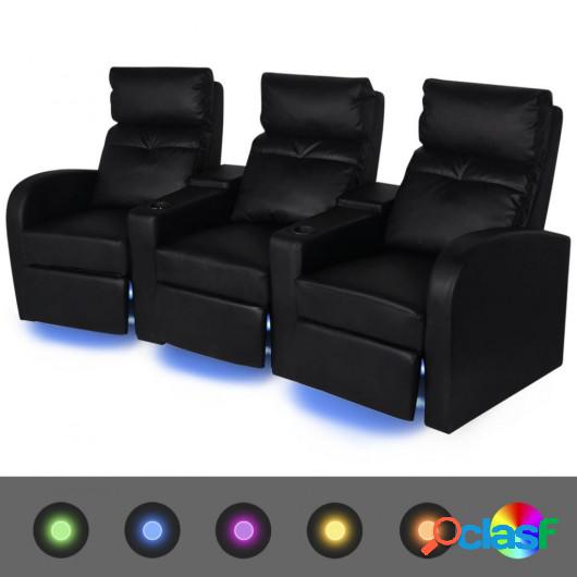 Sofá reclinable LED 3 plazas de cuero artificial negro