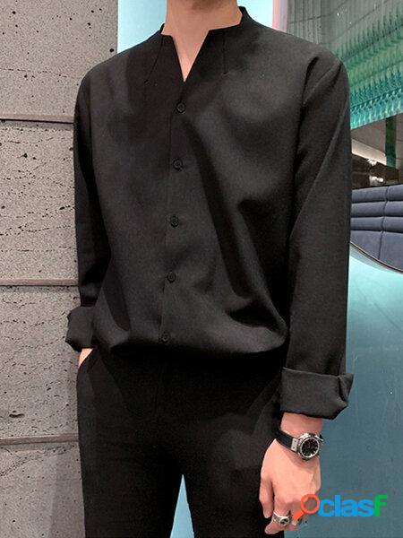 Top informal de manga larga con botones para hombre Camisa