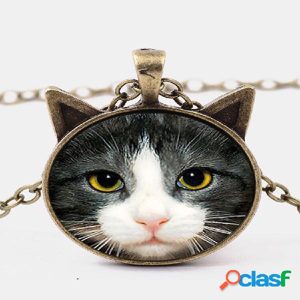 Vintage Printed Black Blanco Gato Cara Mujer Collar Gato