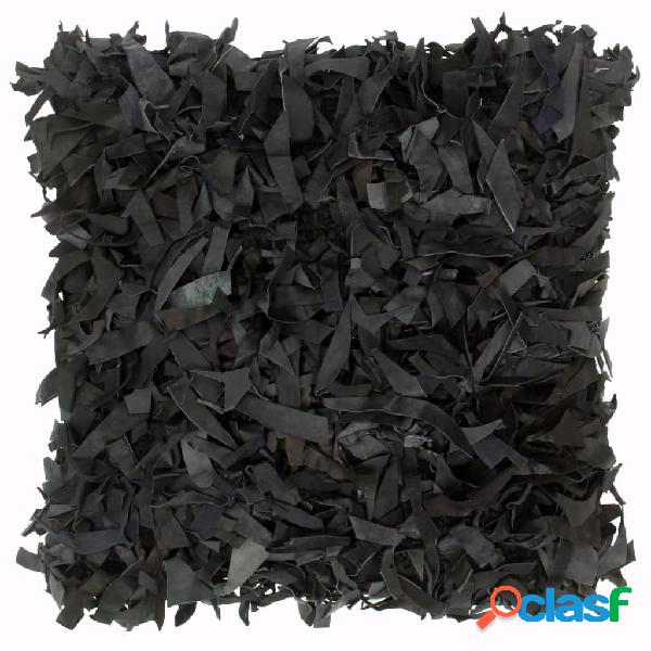 vidaXL Cojín con flecos de cuero y algodón negro 60x60 cm