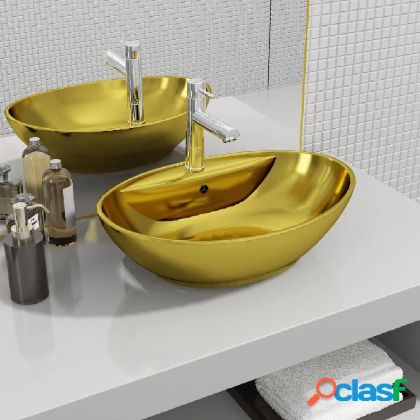 vidaXL Lavabo con rebosadero 58,5x39x21 cm cerámica dorado