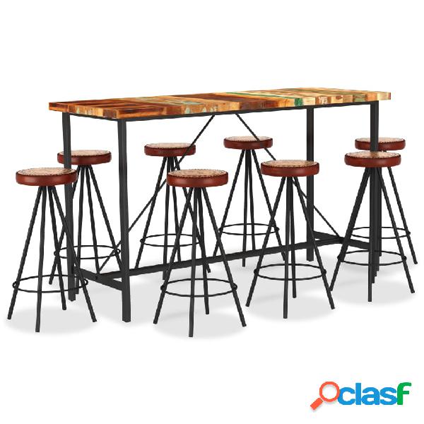 vidaXL Muebles de bar 9 pzas madera maciza reciclada cuero