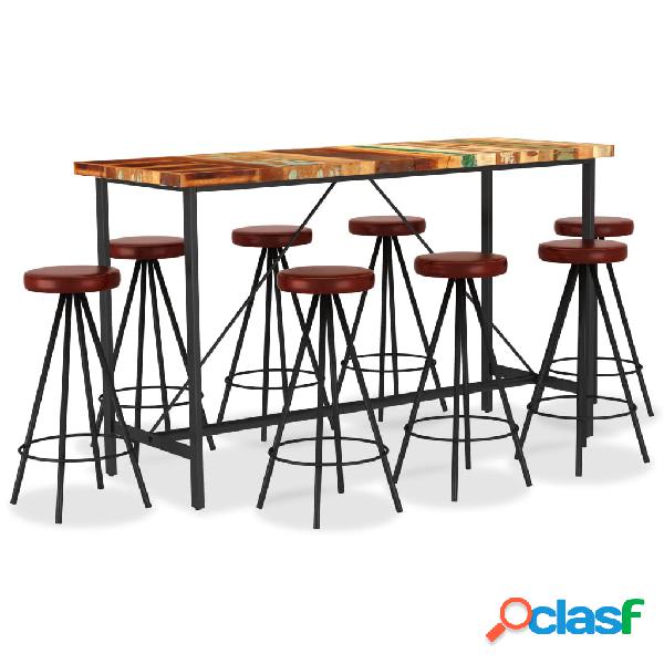 vidaXL Set muebles de bar 9 piezas madera reciclada y cuero