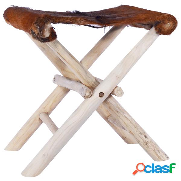 vidaXL Taburete plegable de cuero auténtico y madera de