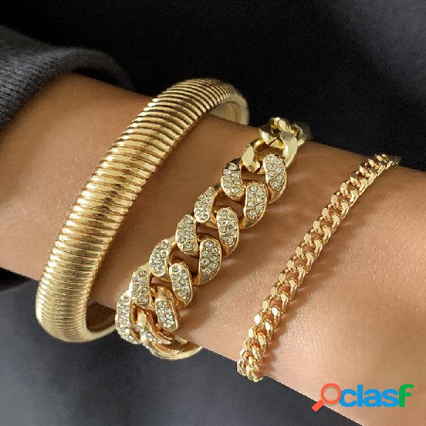 3 pulseras de aleación de diamantes de imitación de oro y