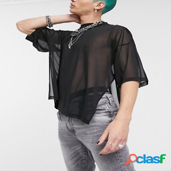 Camiseta de manga corta suelta de malla transparente para