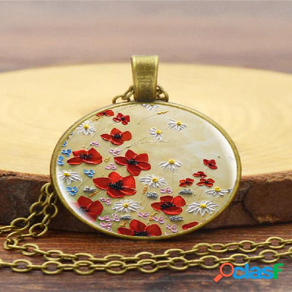 Collar Vintage Glass Printed Blanco Rojo Floral Colgante