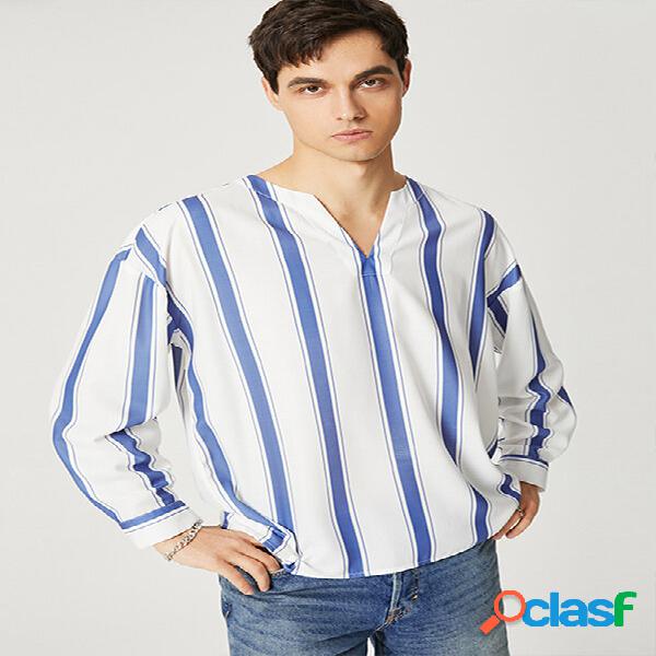 Manga larga con cuello en V a rayas para hombre Camisa