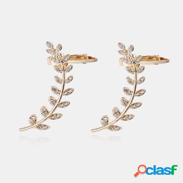 Pendientes de hojas de oro dorado de estrás