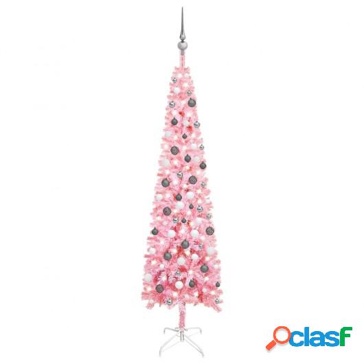 Set de árbol de Navidad estrecho con LED y bola rosa 210 cm