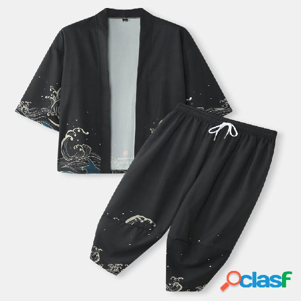 Trajes de dos piezas de kimono con estampado de olas de