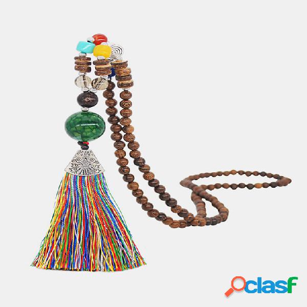Vintage Buddha Wood Beads Collar largo Borla geométrica