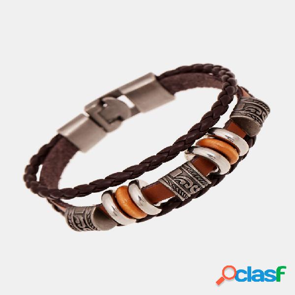 Vintage brazalete pulsera de cuero trenzado con cuentas
