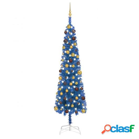 Árbol de Navidad estrecho con LEDs y bolas azul 240 cm