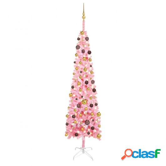 Árbol de Navidad estrecho con LEDs y bolas rosa 240 cm