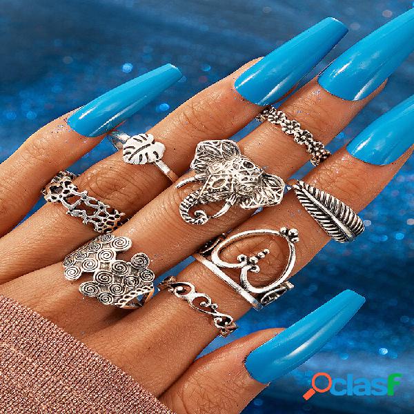 Alloy vendimia 8 PCS Hoja Juego de anillos con forma de