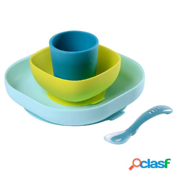 Beaba Vajilla para bebé 4 piezas silicona azul y verde