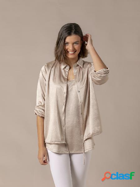 Camisa raso elática botones Beige