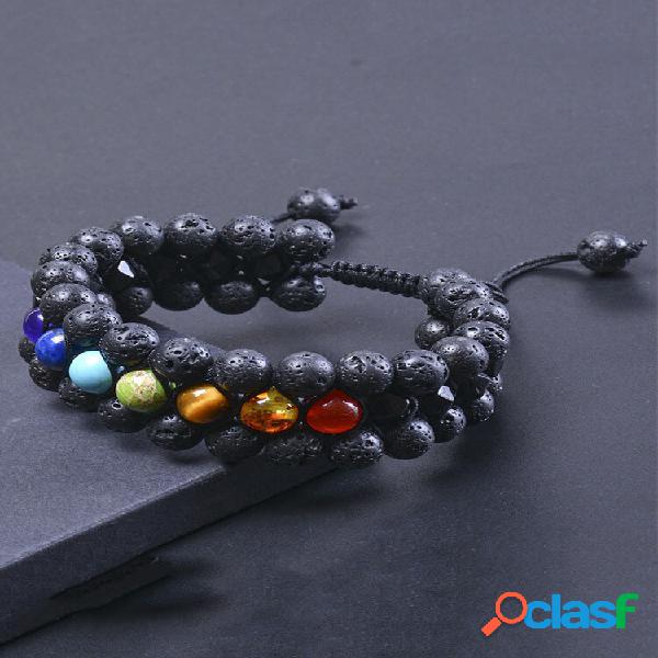Pulsera vintage de tres capas de piedra natural para hombre,