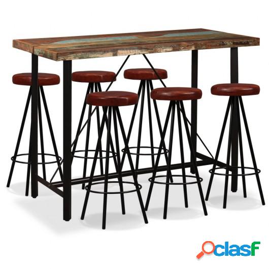 Set muebles de bar 7 pzas madera maciza reciclada cuero