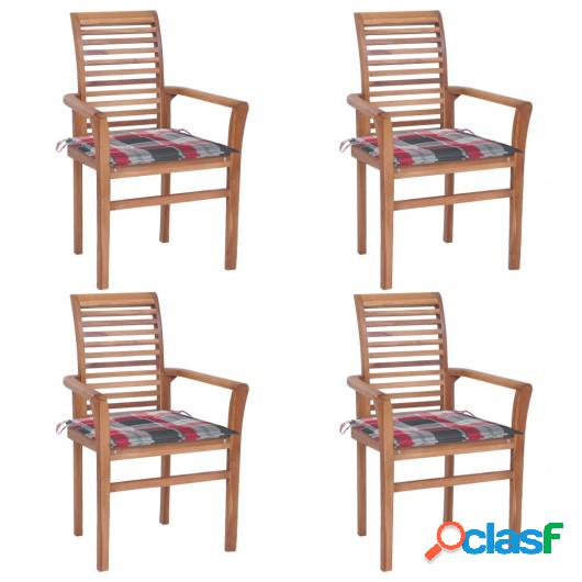 Sillas de comedor 4 uds madera teca y cojines a cuadros
