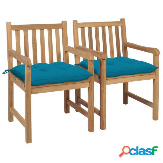 Sillas de jardín 2 uds madera de teca con cojines azul