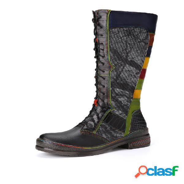 Socofy Casual Color Block Cuero Patchwork Con cordones