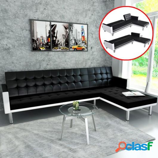 Sofá cama en forma de L cuero sintético negro