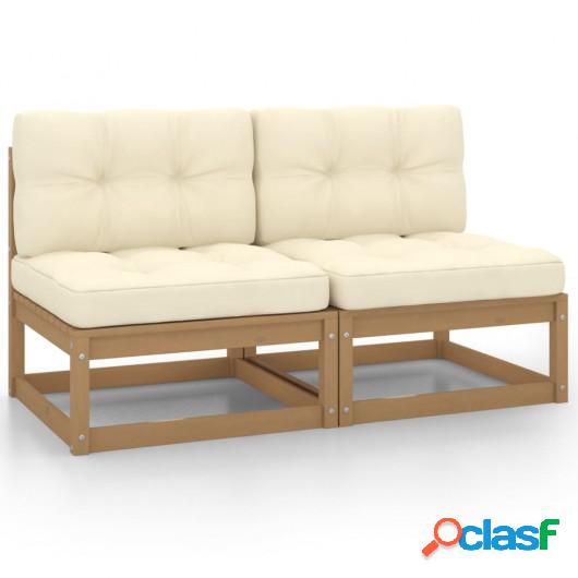 Sofá central de jardín 2 pzas cojines crema madera pino