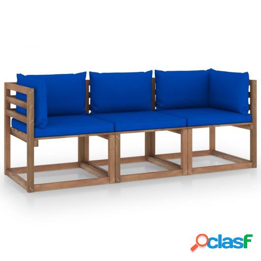 Sofá de palets de jardín 3 plazas cojines azul madera de