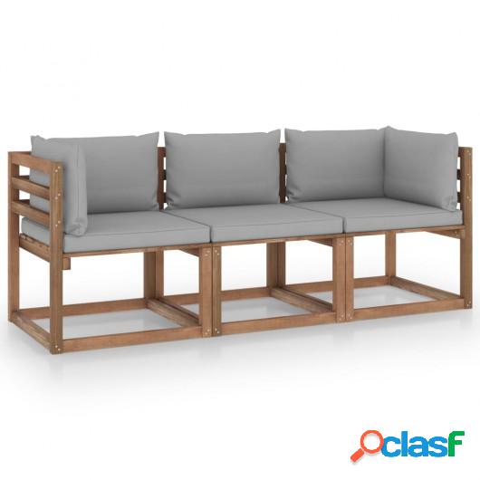 Sofá de palets de jardín 3 plazas cojines gris madera de