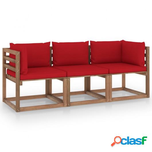Sofá de palets de jardín 3 plazas cojines rojo madera de