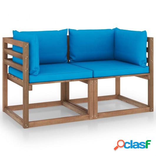 Sofá de palés de jardín 2 plazas cojines azul claro