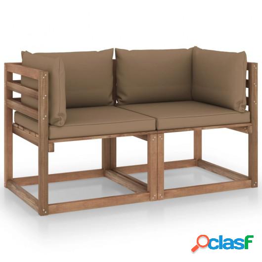 Sofá de palés de jardín 2 plazas cojines gris taupe